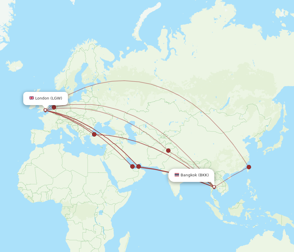BKK to LGW flights and routes map