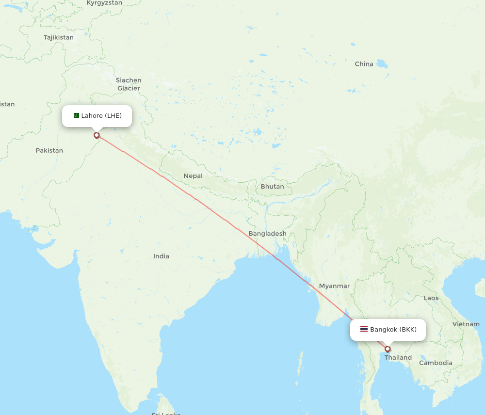 Bangkok - Lahore route map and flight paths