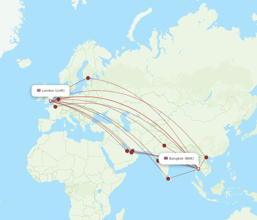 BKK to LHR flights and routes map