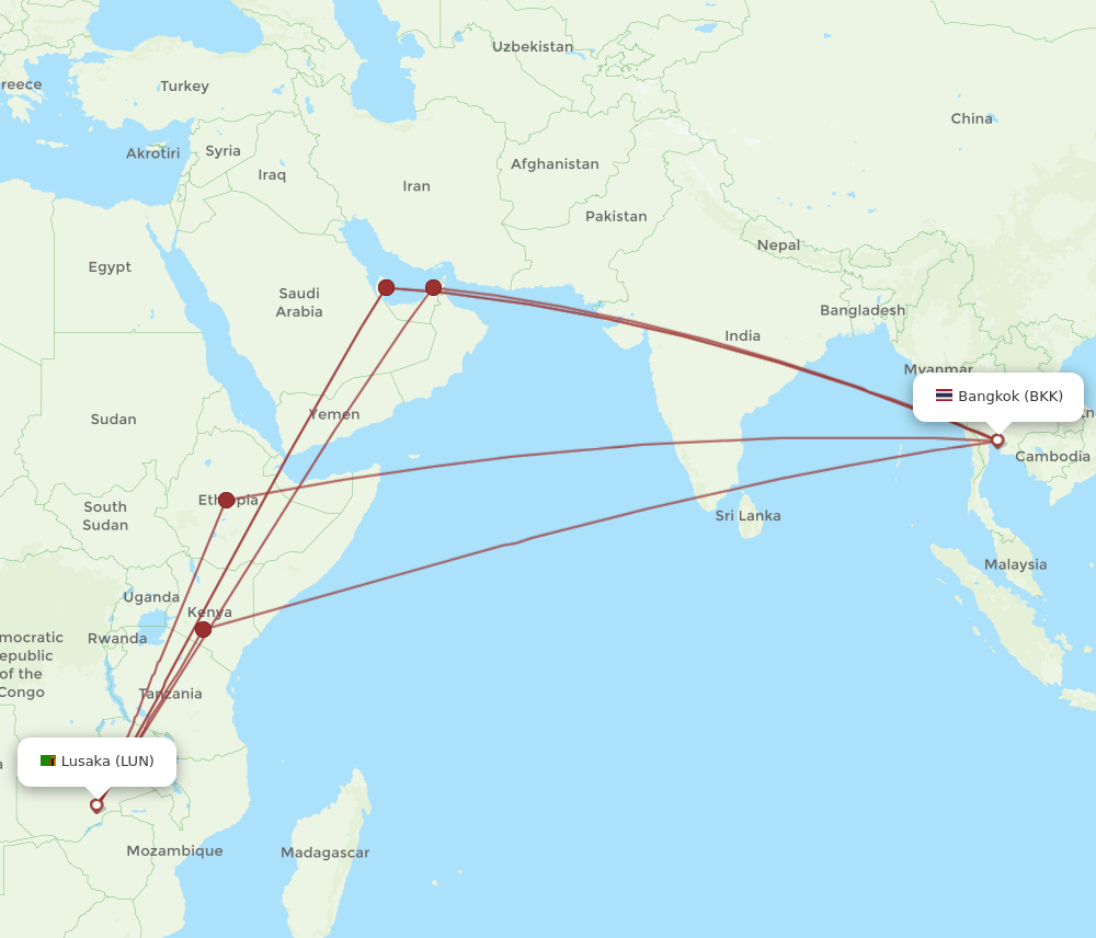 BKK to LUN flights and routes map