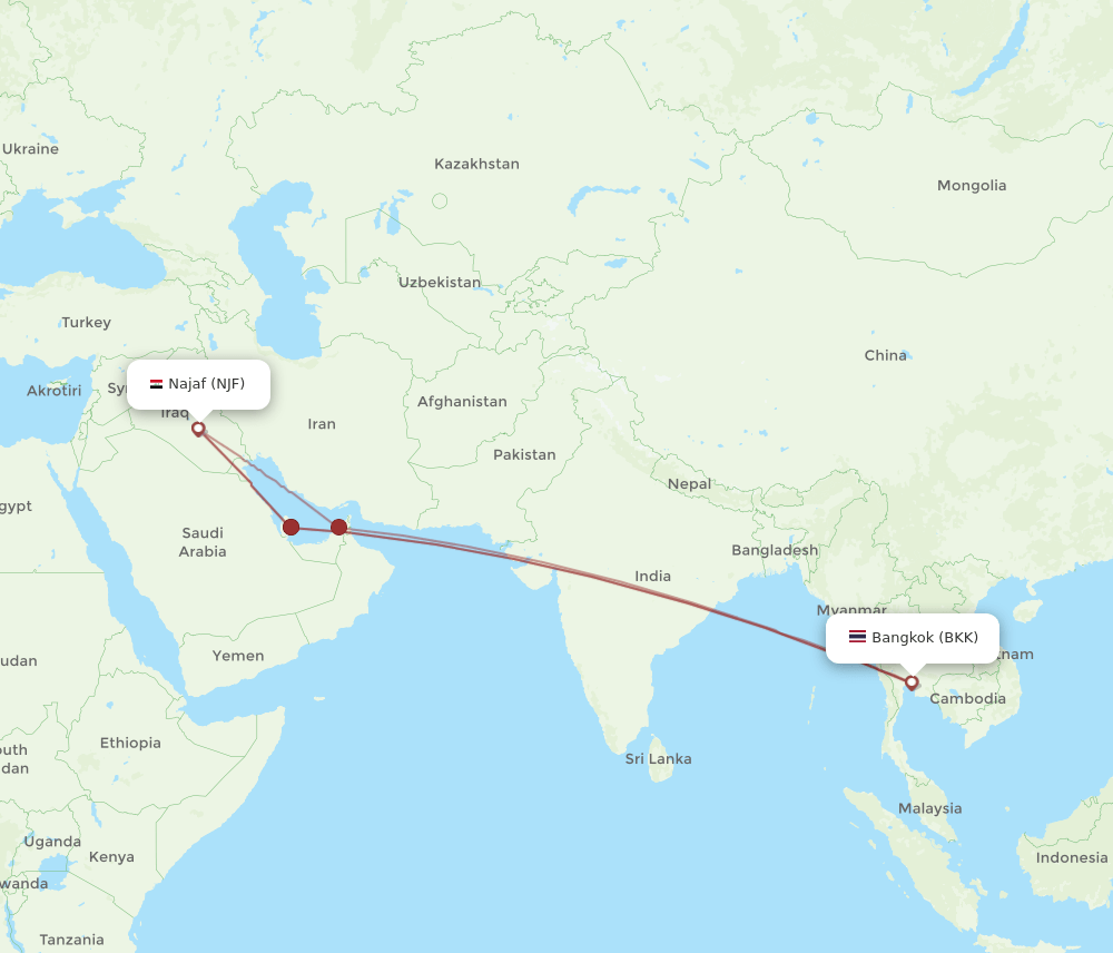 BKK to NJF flights and routes map