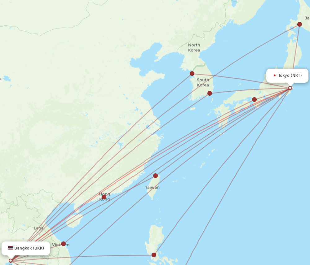 BKK to NRT flights and routes map