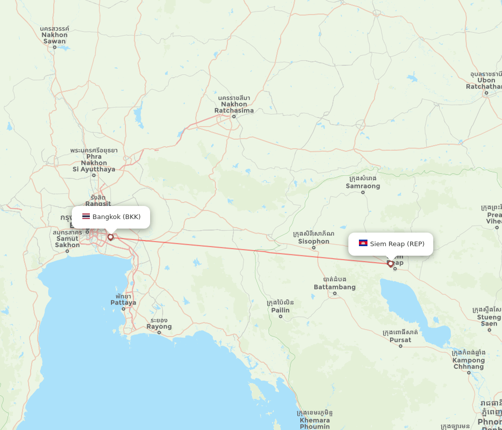Bangkok - Siem Reap route map and flight paths