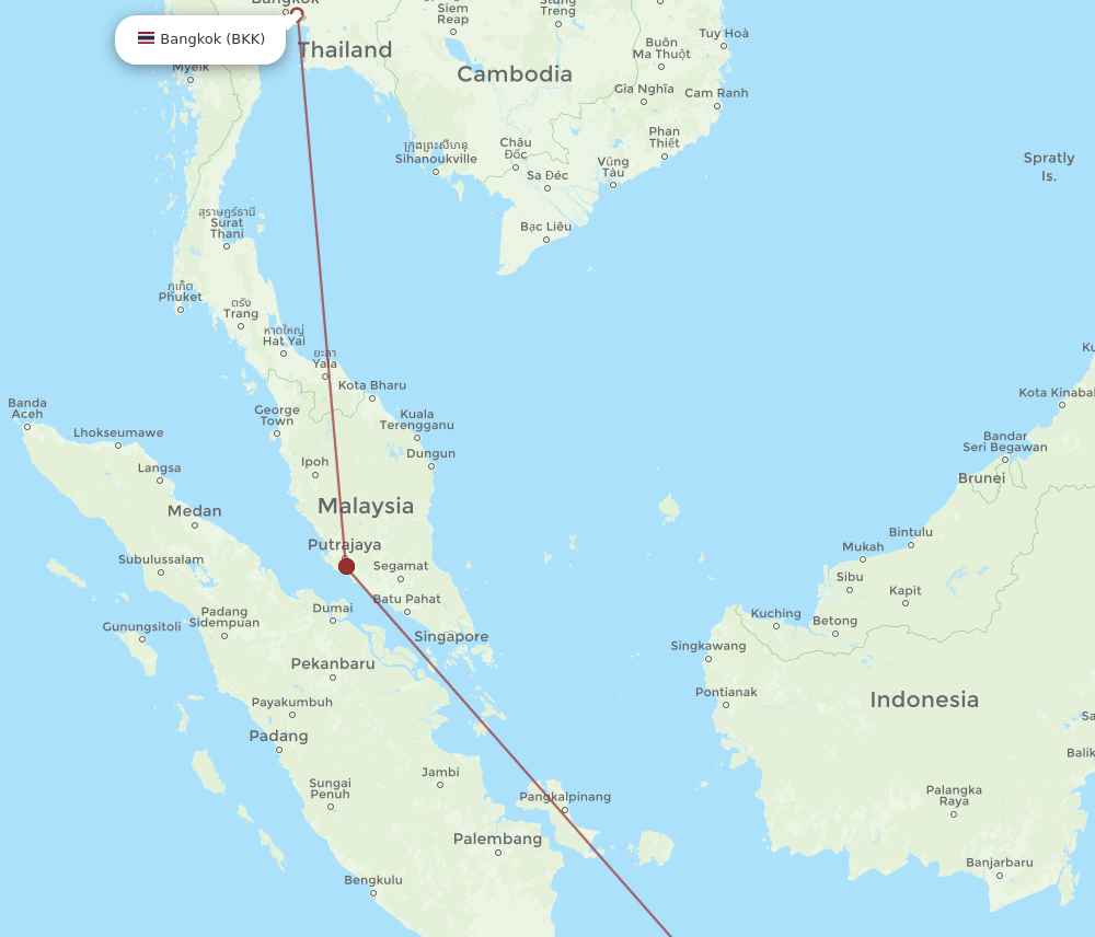 Bangkok - Surakarta route map and flight paths