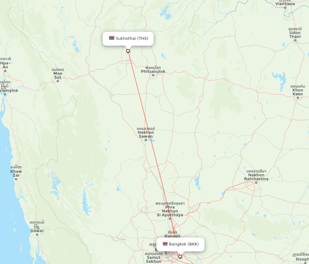 Bangkok - Sukhothai route map and flight paths