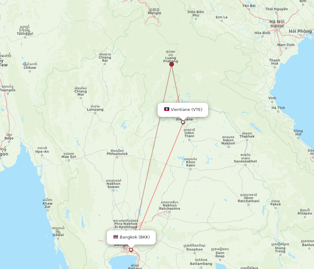 Bangkok - Vientiane route map and flight paths