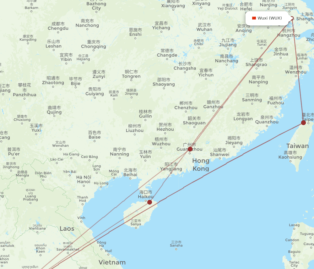 BKK to WUX flights and routes map