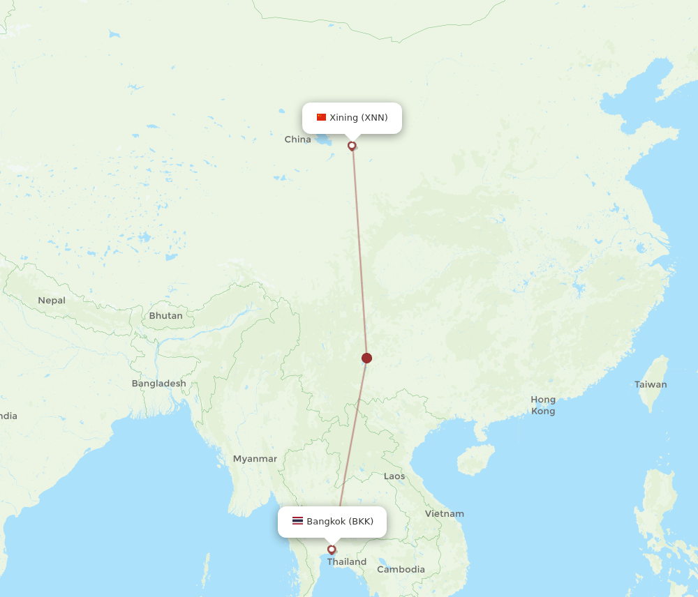 Xining - Bangkok route map and flight paths