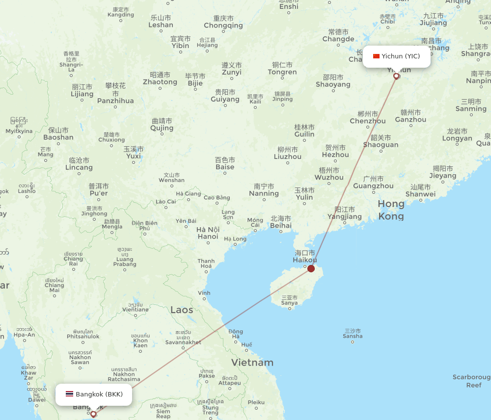 Yichun - Bangkok route map and flight paths