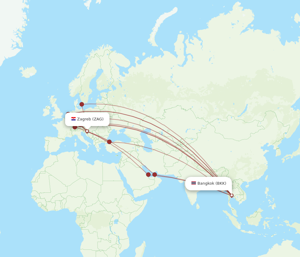 BKK to ZAG flights and routes map