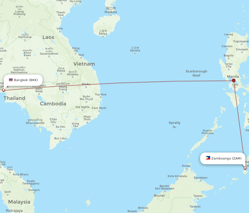 Zamboanga - Bangkok route map and flight paths