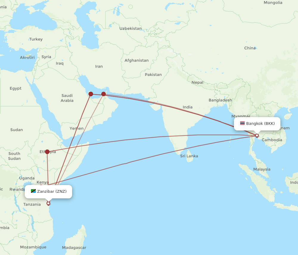 BKK to ZNZ flights and routes map