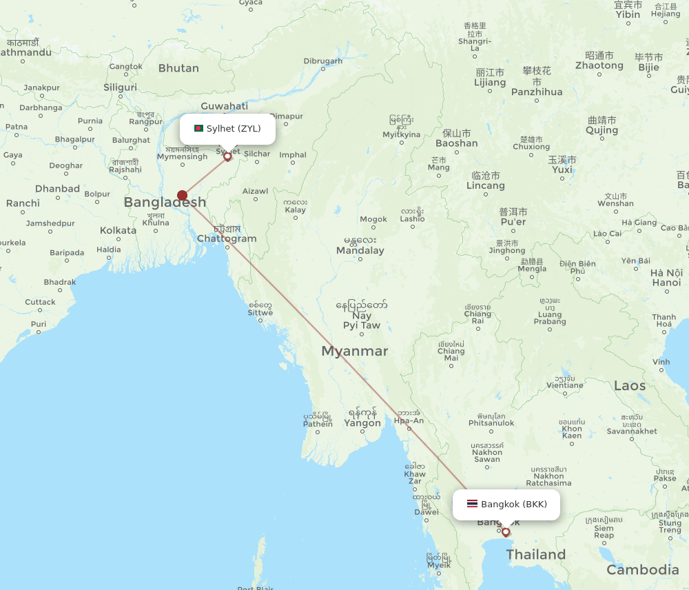 BKK-ZYL flight routes
