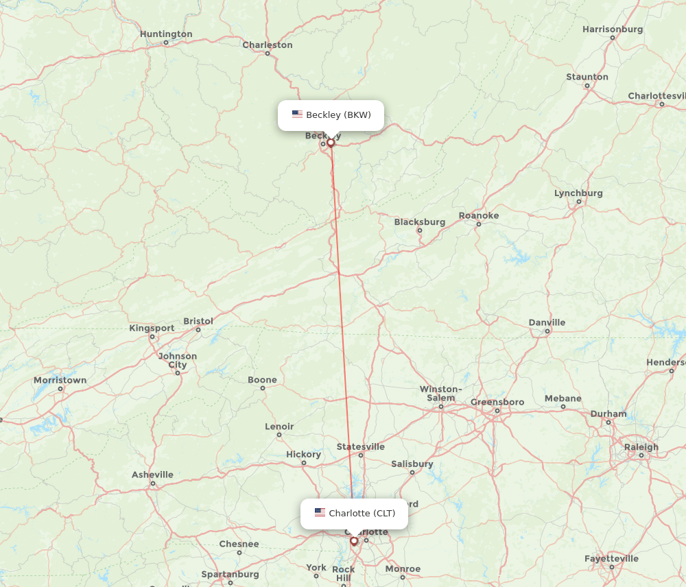 BKW to CLT flights and routes map