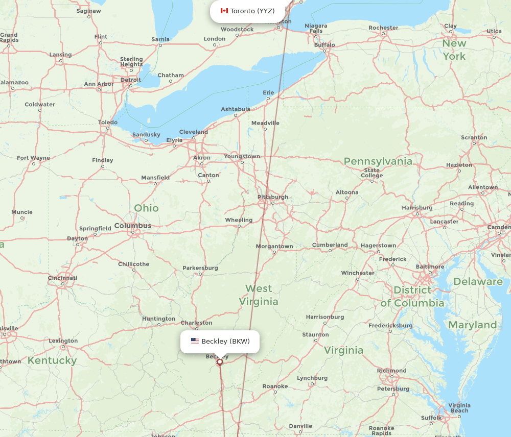 YYZ to BKW flights and routes map