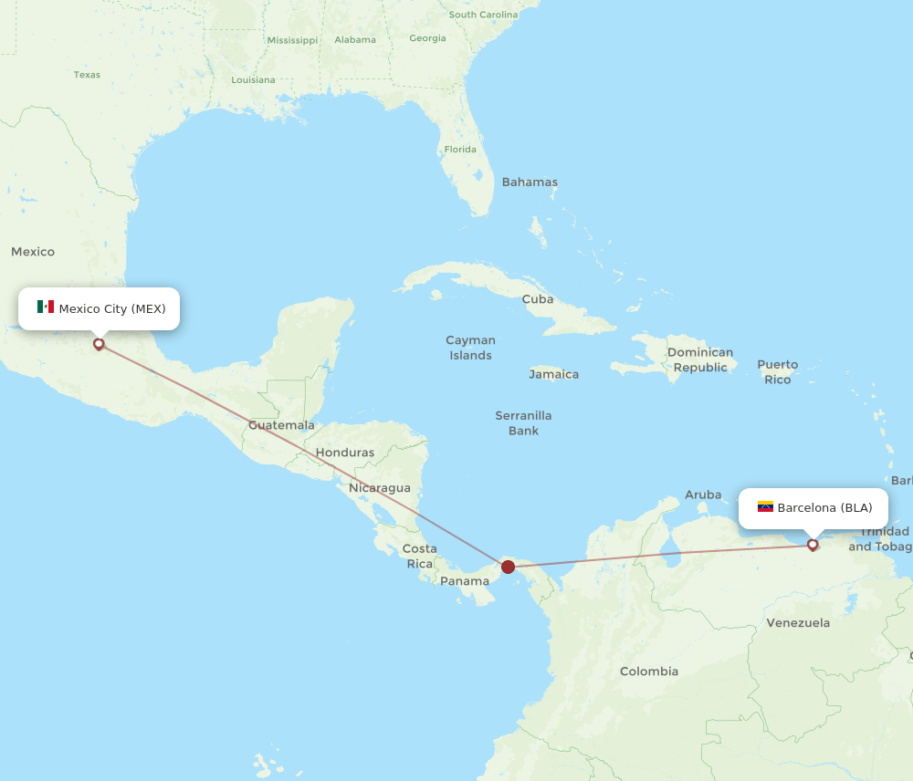 Barcelona - Mexico City route map and flight paths