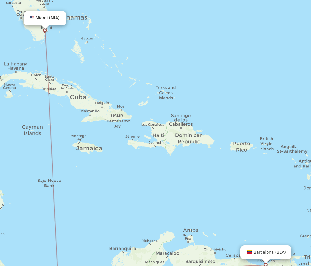 Barcelona - Miami route map and flight paths