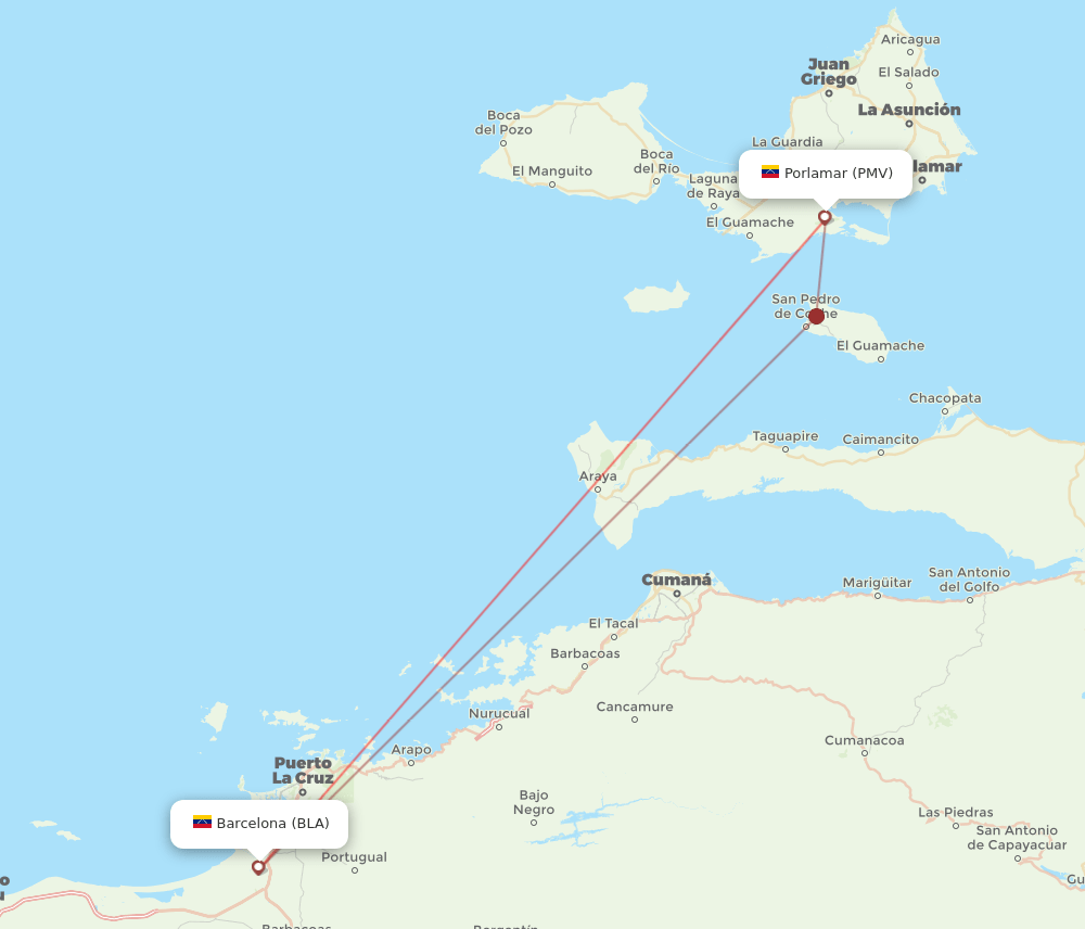 Barcelona - Porlamar route map and flight paths