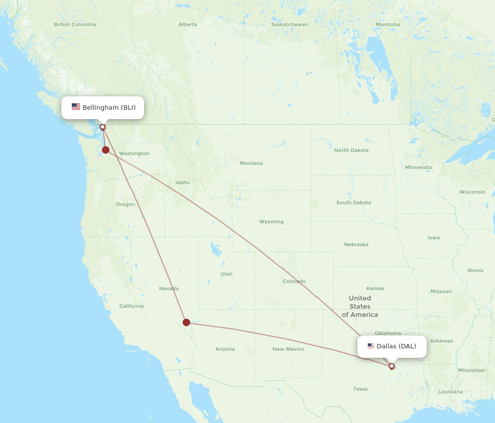 Bellingham - Dallas route map and flight paths