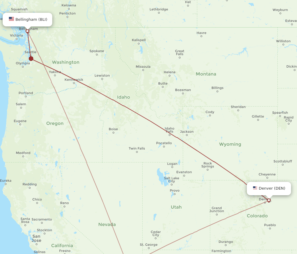 BLI to DEN flights and routes map