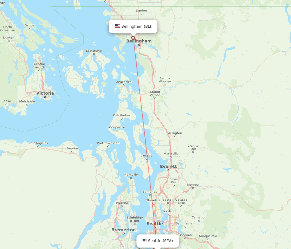 Bellingham - Seattle route map and flight paths