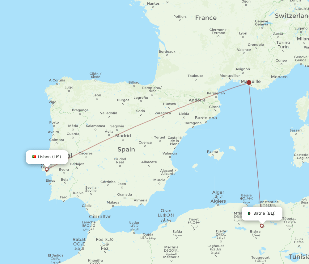 BLJ to LIS flights and routes map