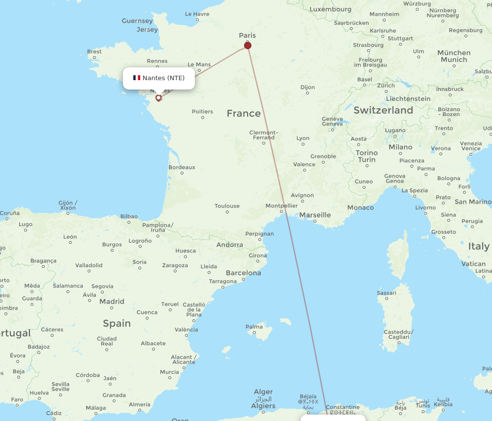 Nantes - Batna route map and flight paths