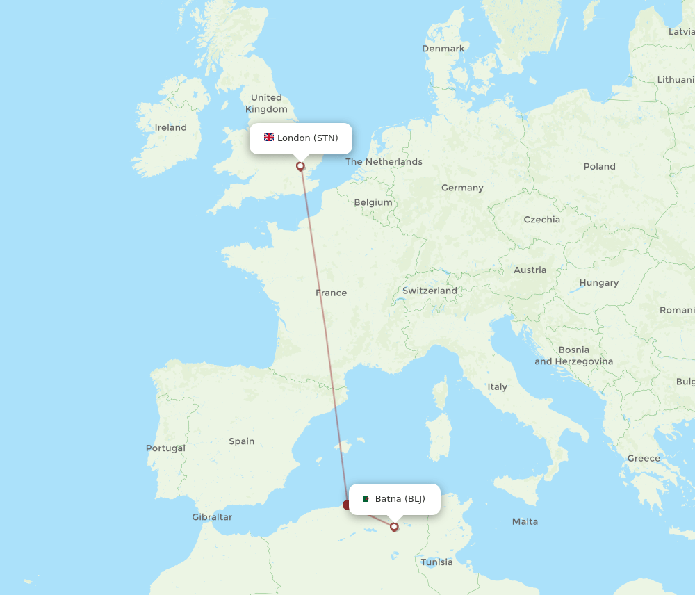 London - Batna route map and flight paths