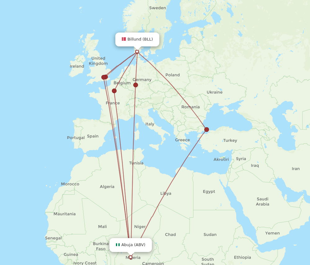 BLL to ABV flights and routes map
