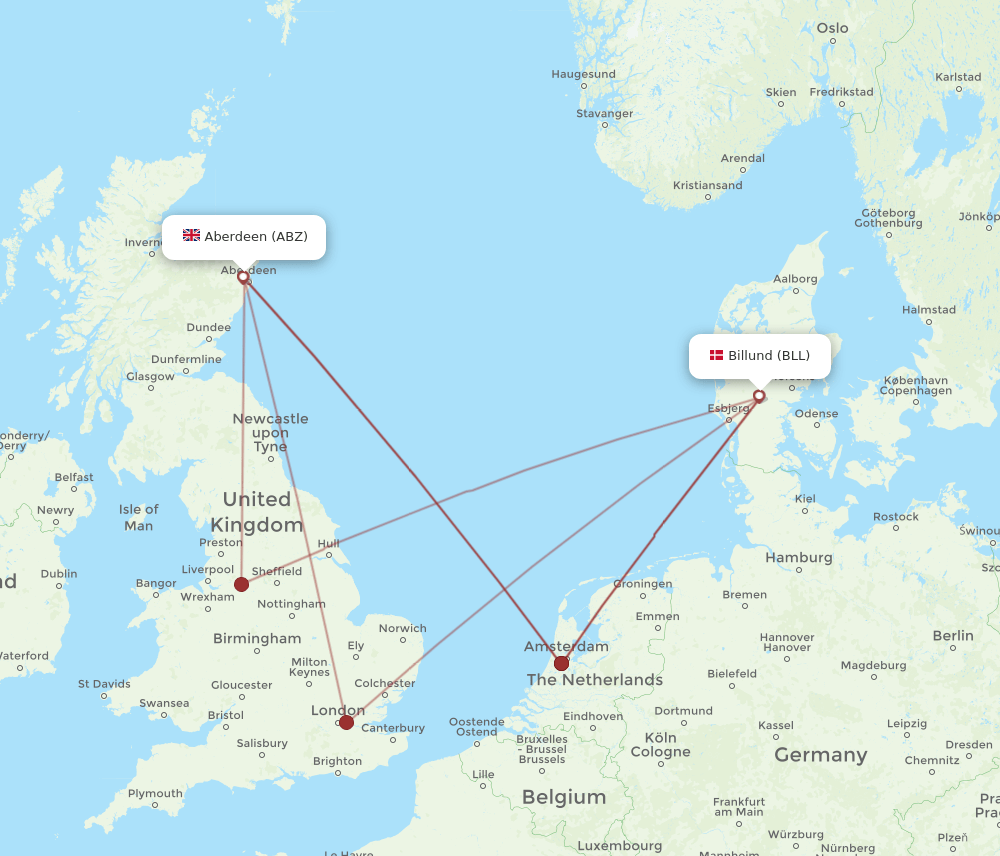 BLL to ABZ flights and routes map