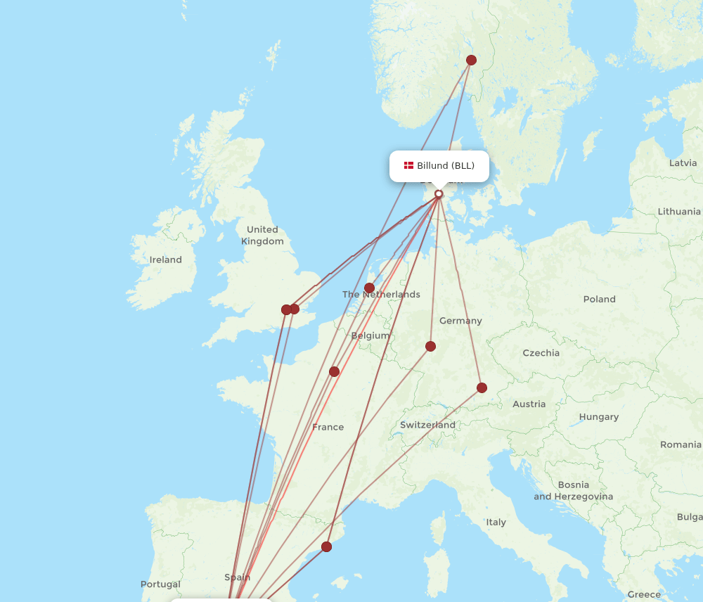 BLL to AGP flights and routes map