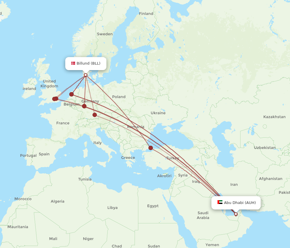 BLL to AUH flights and routes map