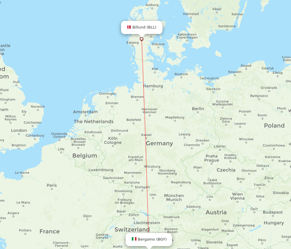 Billund - Milan route map and flight paths