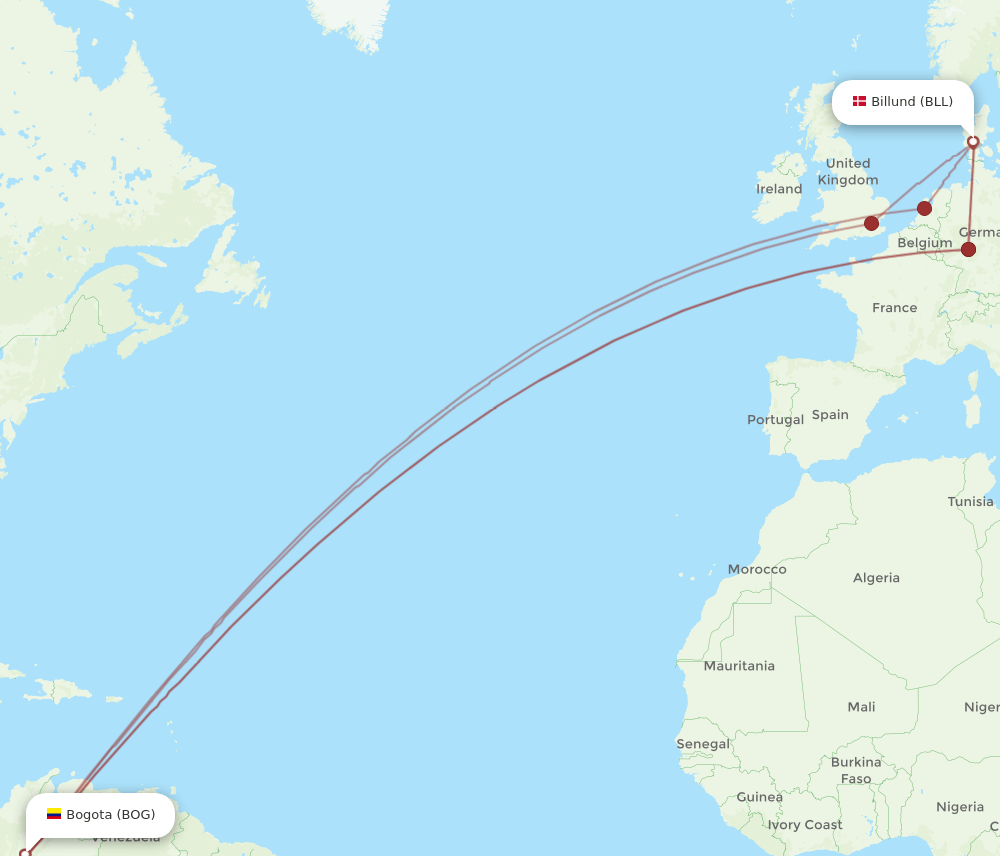 BLL-BOG flight routes