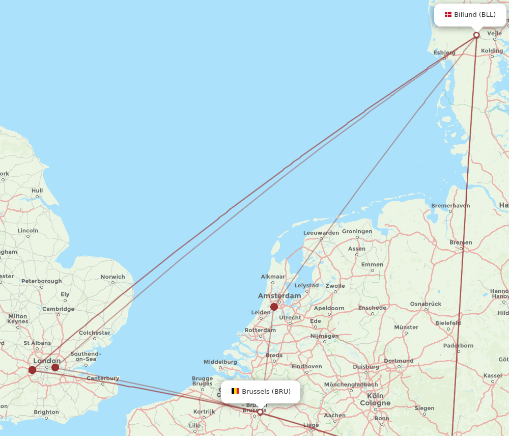 BLL to BRU flights and routes map