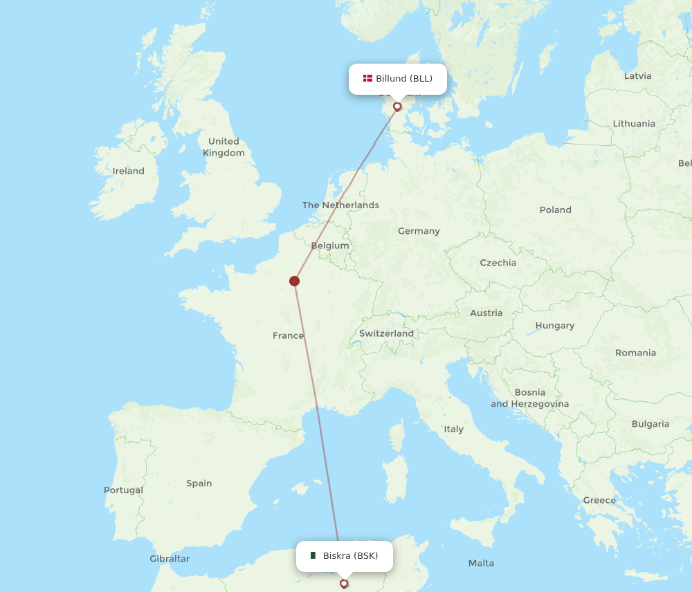Billund - Biskra route map and flight paths