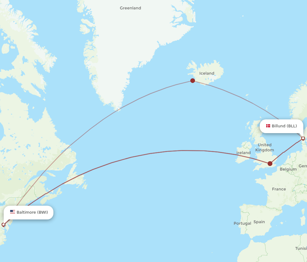 BLL to BWI flights and routes map