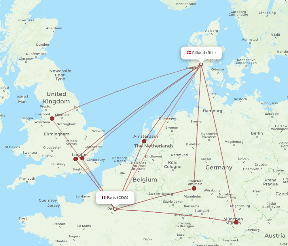 BLL to CDG flights and routes map