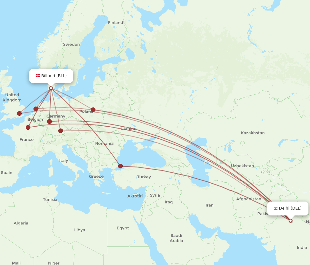 BLL-DEL flight routes