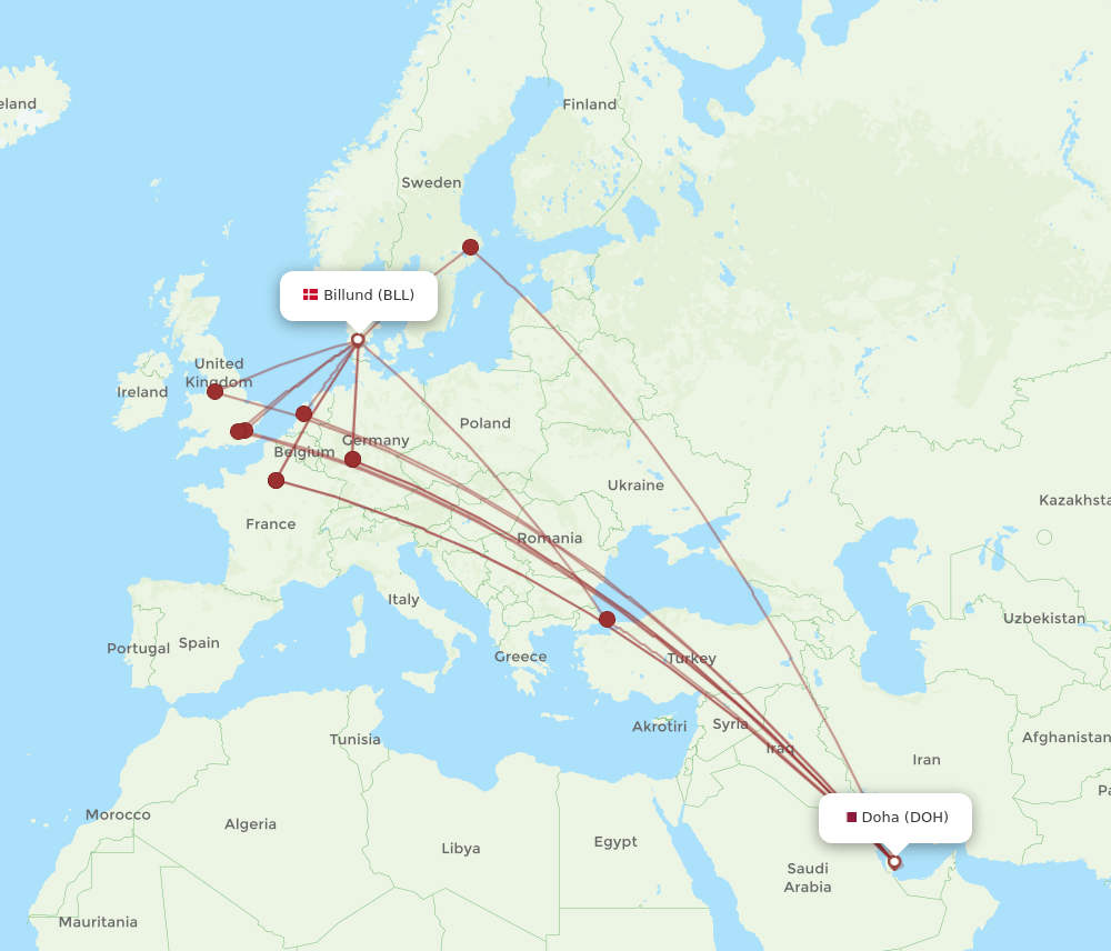 BLL to DOH flights and routes map