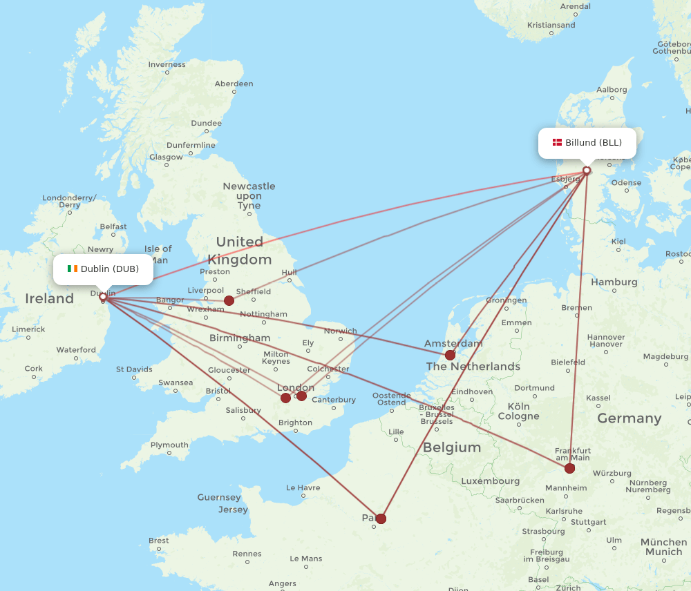 BLL to DUB flights and routes map