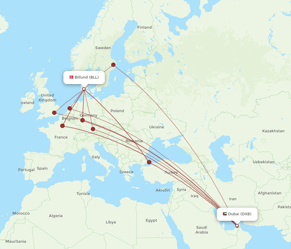 BLL to DXB flights and routes map