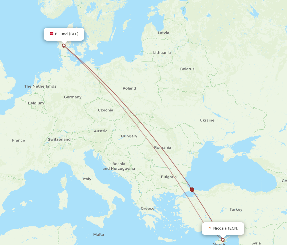 BLL to ECN flights and routes map