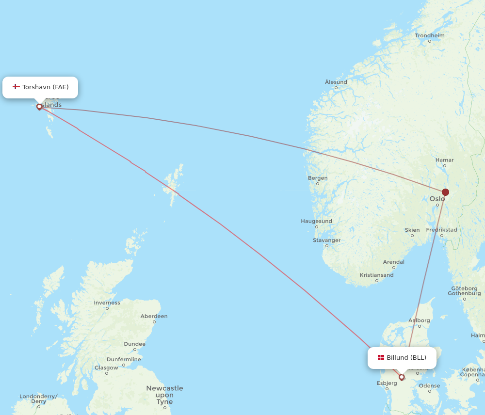 BLL to FAE flights and routes map