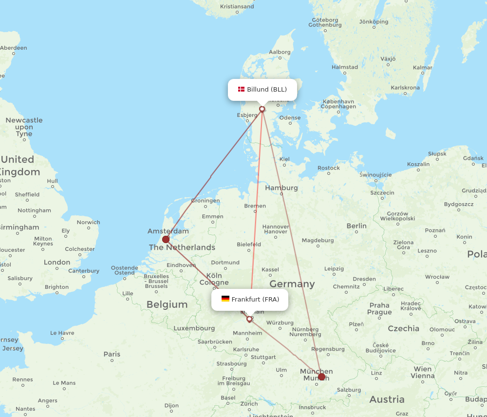BLL to FRA flights and routes map