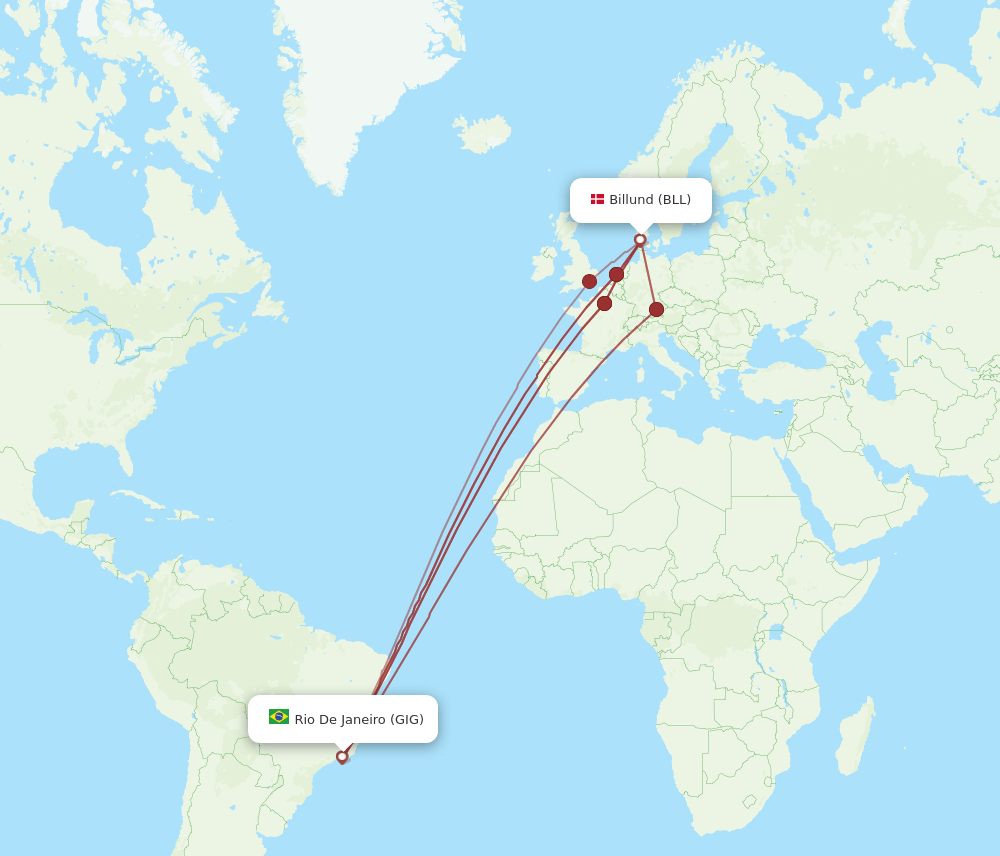 BLL to GIG flights and routes map