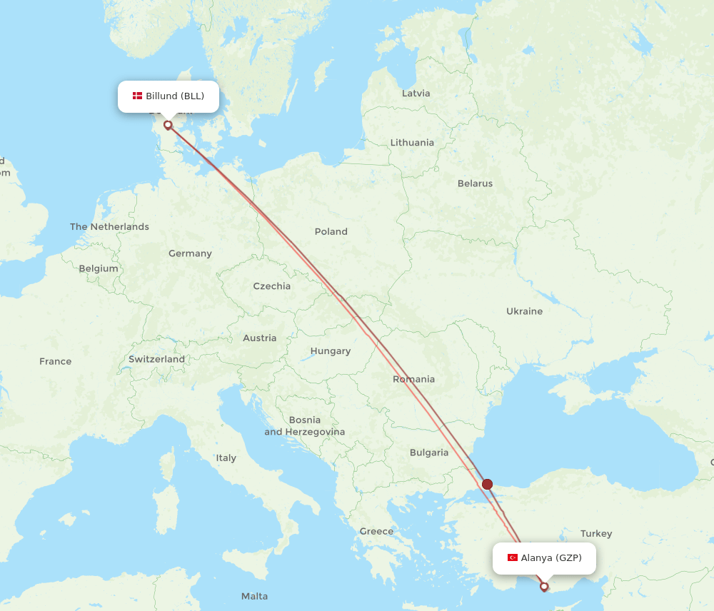 BLL to GZP flights and routes map