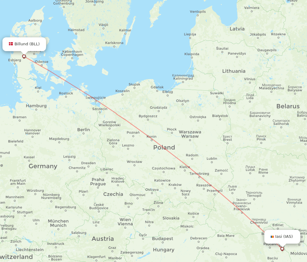 Billund - Iasi route map and flight paths
