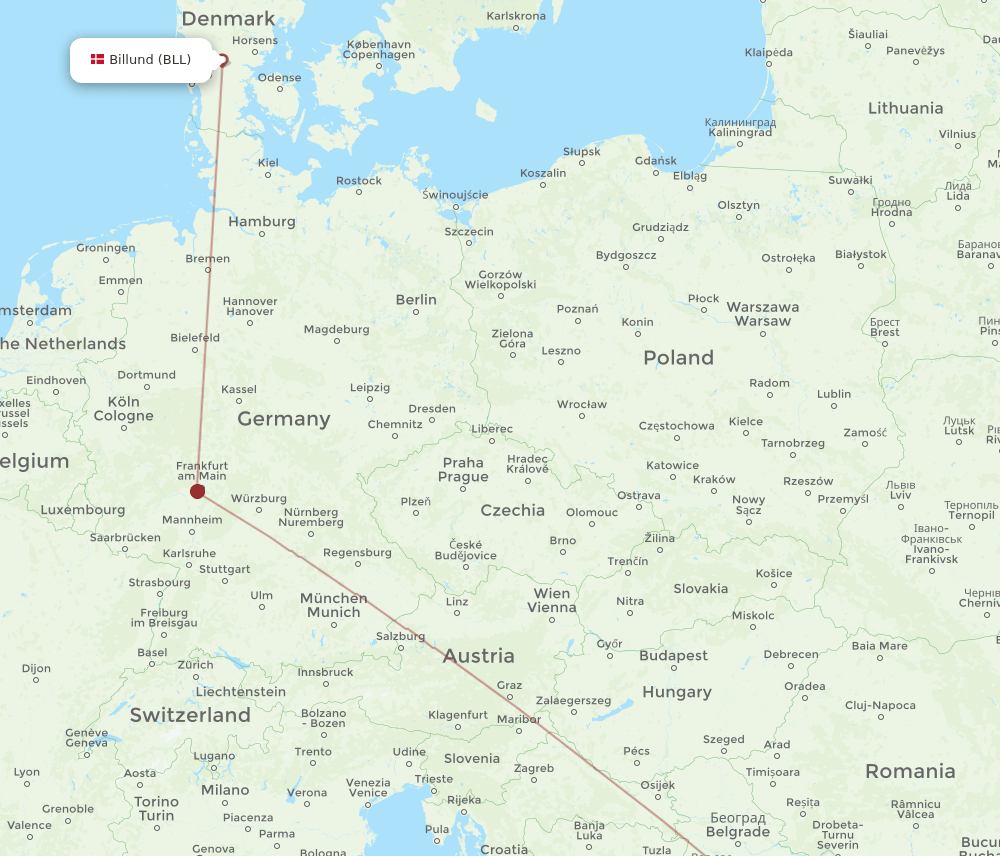Nis - Billund route map and flight paths