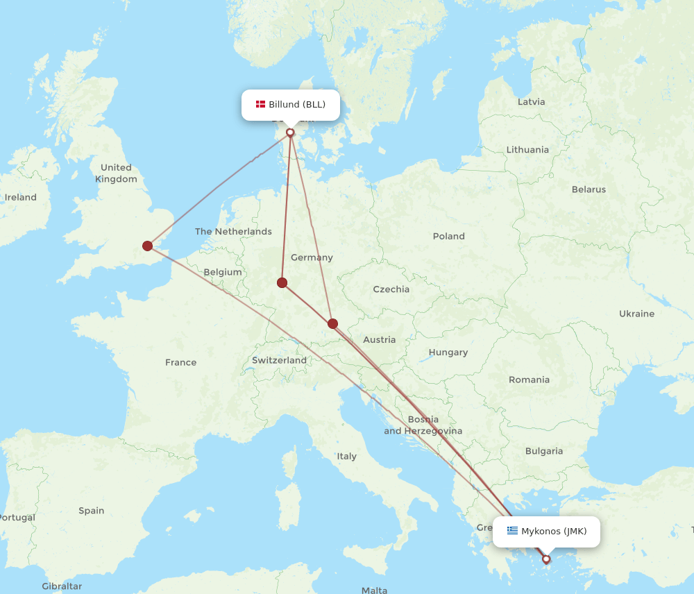 BLL-JMK flight routes